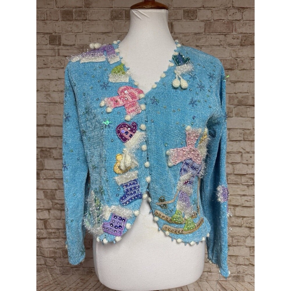 Design‎ Options Blue Cardigan Sequins Mittens Christmas Sweater Stocking Small